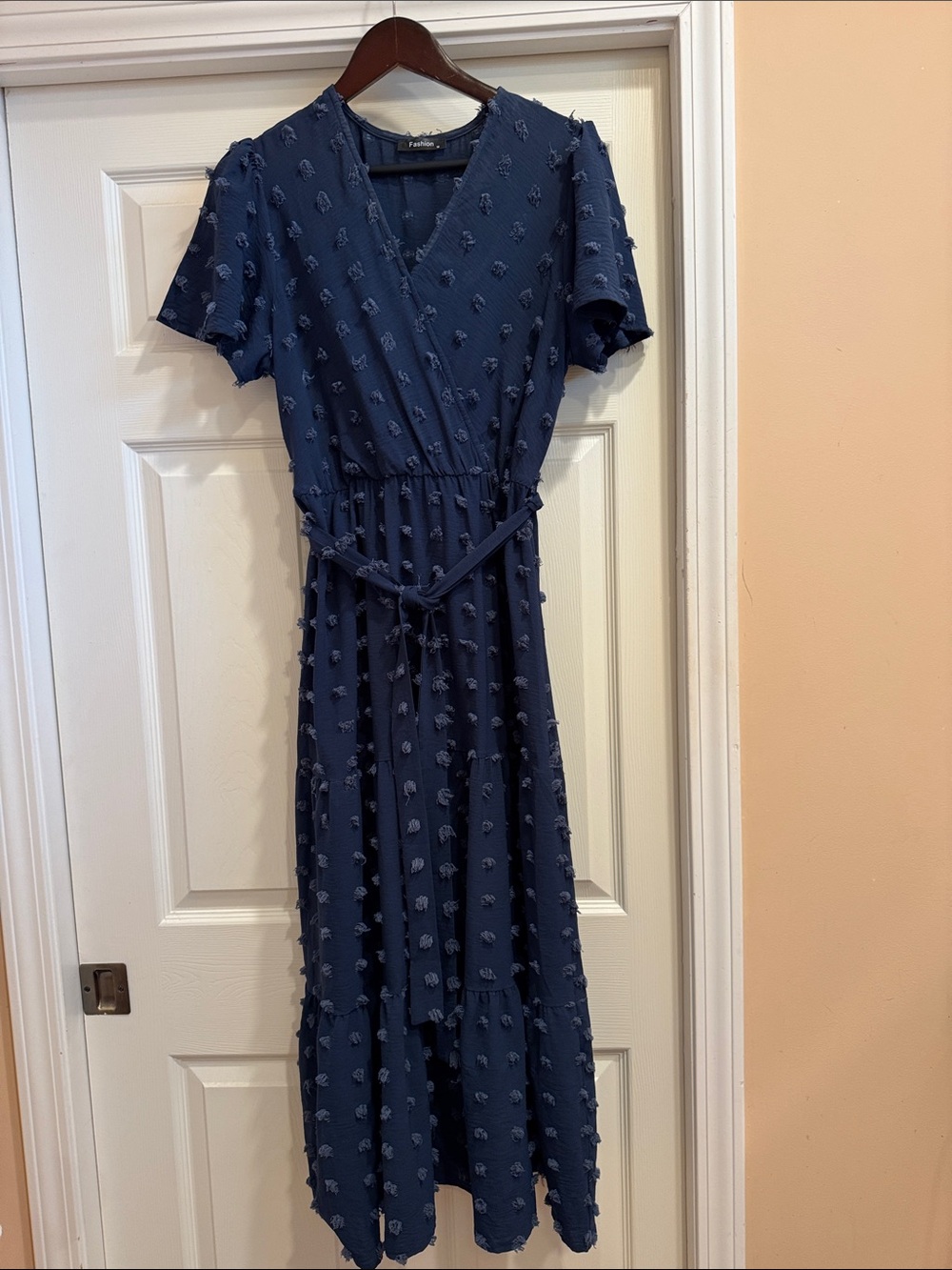 Beautiful Navy Textured Midi Dress with Self-Tie Waist - Medium